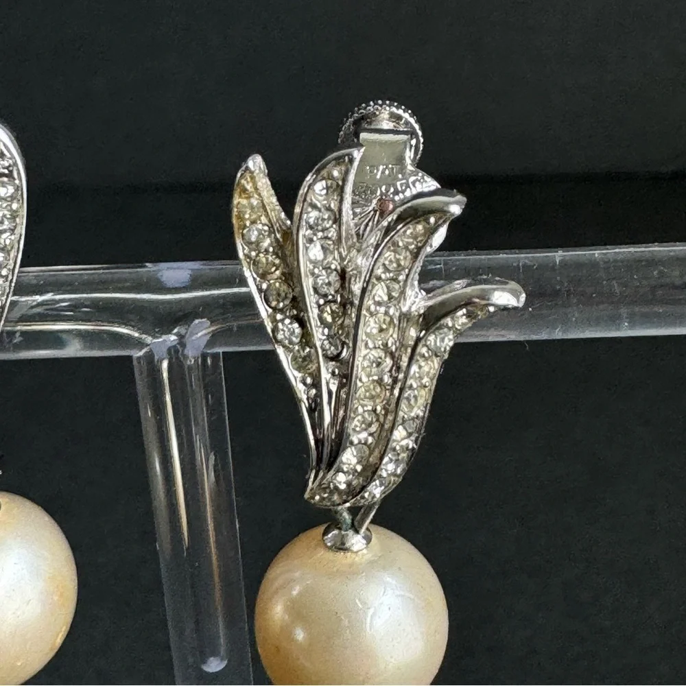 Vintage‎ Vendome Pearl Drop Clip-On Earrings Silver Rhinestone Bridal Bride